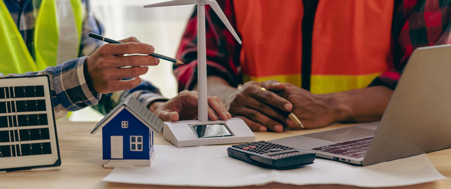 Two engineers discuss the installation of a wind turbine. Renewable Energy with Solar Chase Solar Based on Renewable Energy Concept in Asia