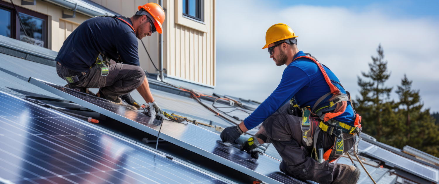 Arbeiter montieren Solarpaneele auf dem Dach, Workers mount solar panels on the roof